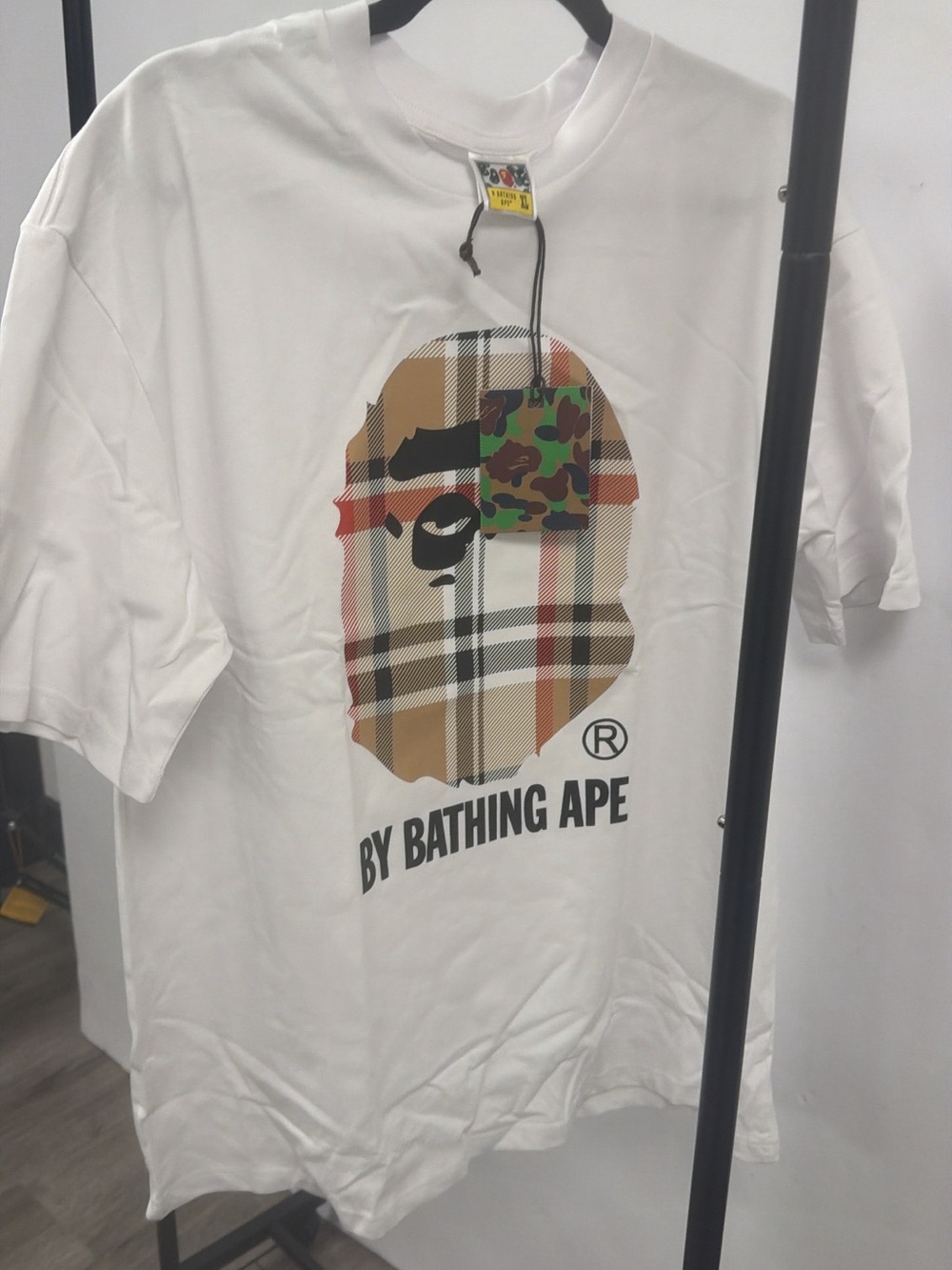 Bape White Plaid Ape Head Short Sleeve Tee
